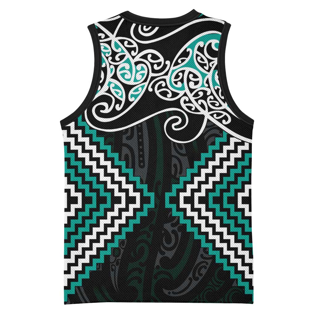 Turquoise Aotearoa Tukutuku Manawa Tapu Basketball Jersey Ta Moko Toi Maori - Polynesian Pride