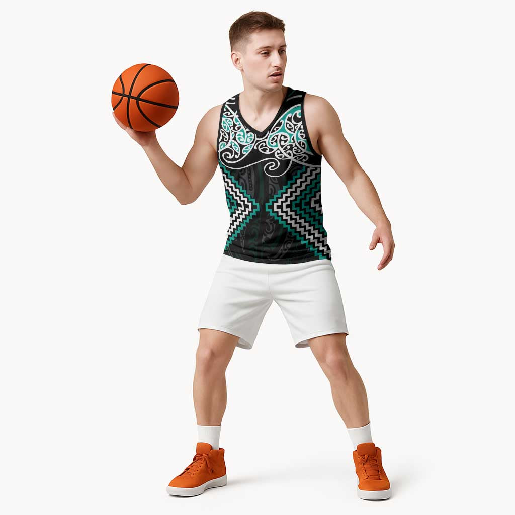 Turquoise Aotearoa Tukutuku Manawa Tapu Basketball Jersey Ta Moko Toi Maori - Polynesian Pride