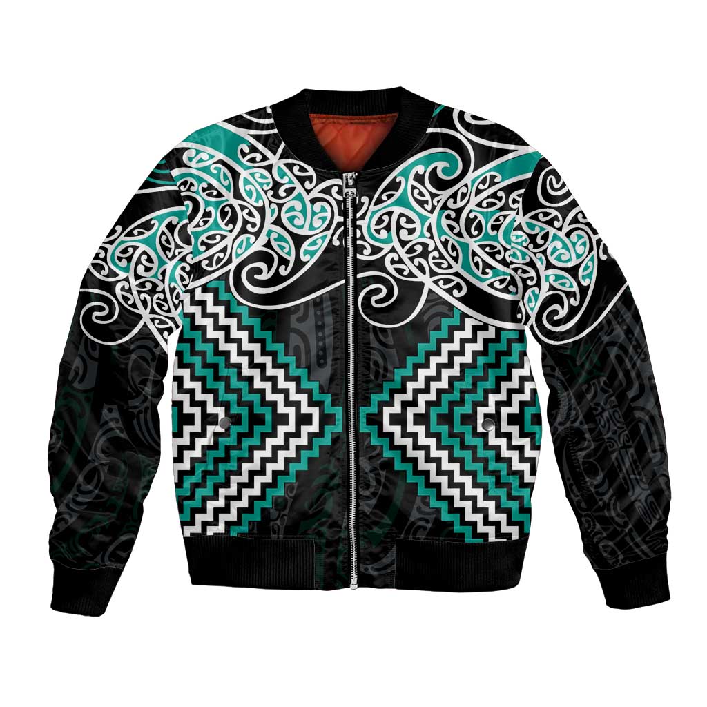 Turquoise Aotearoa Tukutuku Manawa Tapu Bomber Jacket Ta Moko Toi Maori LT9 Unisex Turquoise - Polynesian Pride