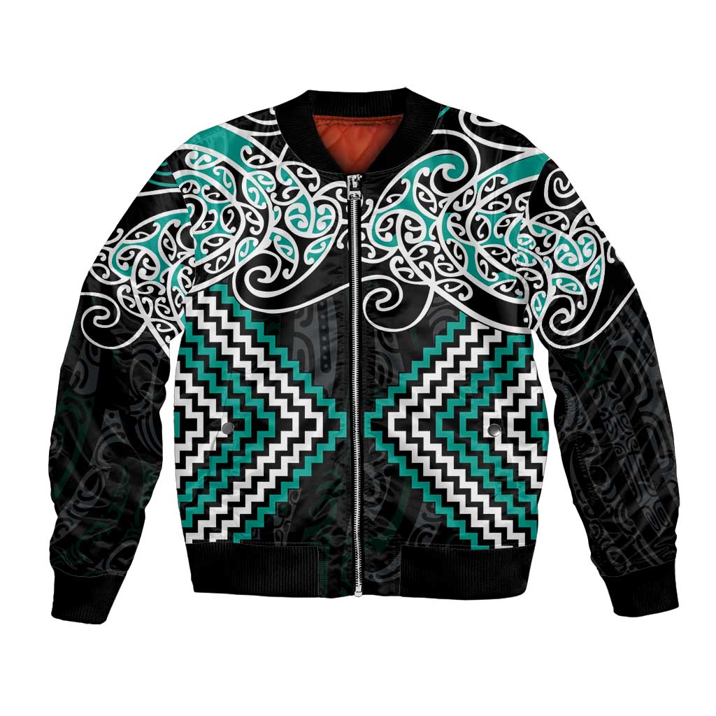 Turquoise Aotearoa Tukutuku Manawa Tapu Bomber Jacket Ta Moko Toi Maori