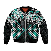 Turquoise Aotearoa Tukutuku Manawa Tapu Bomber Jacket Ta Moko Toi Maori LT9 Unisex Turquoise - Polynesian Pride