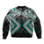 Turquoise Aotearoa Tukutuku Manawa Tapu Bomber Jacket Ta Moko Toi Maori