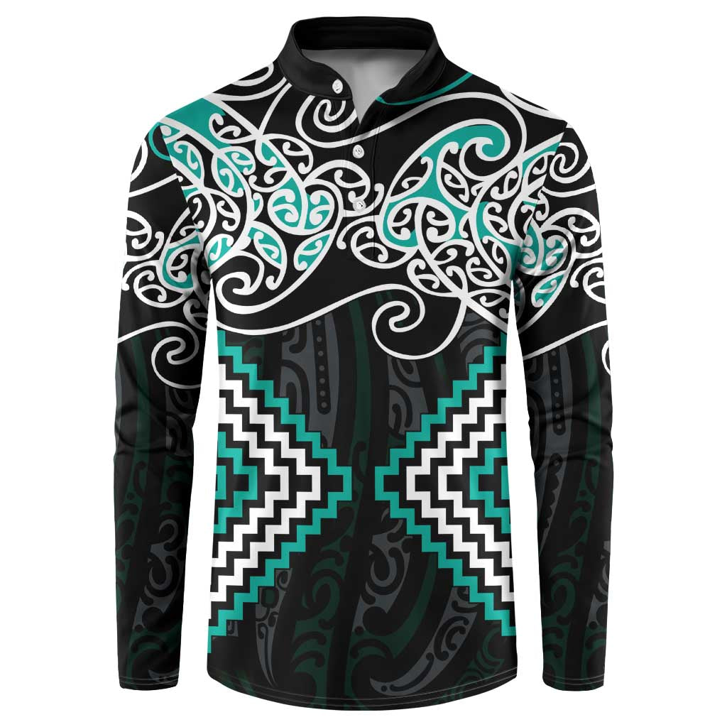 Turquoise Aotearoa Tukutuku Manawa Tapu Button Sweatshirt Ta Moko Toi Maori