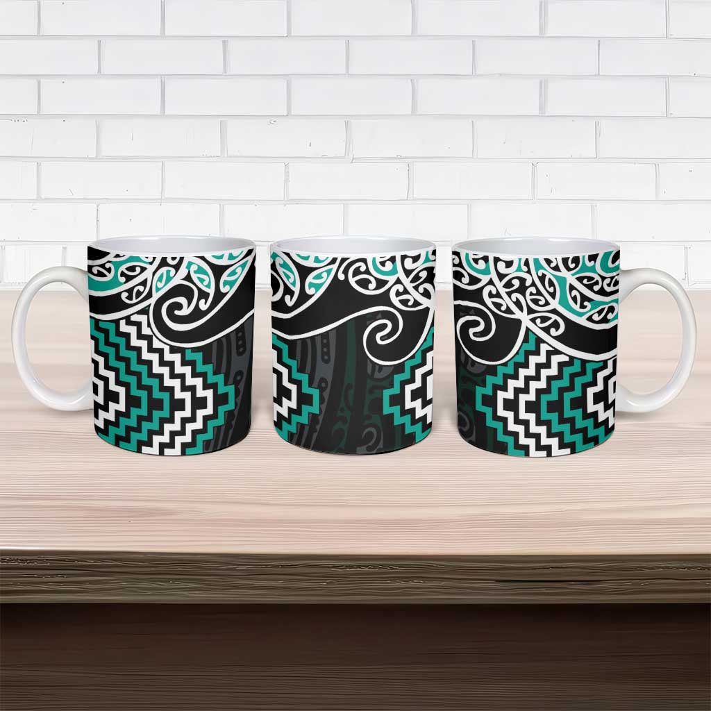 Turquoise Aotearoa Tukutuku Manawa Tapu Ceramic Mug Ta Moko Toi Maori - Polynesian Pride