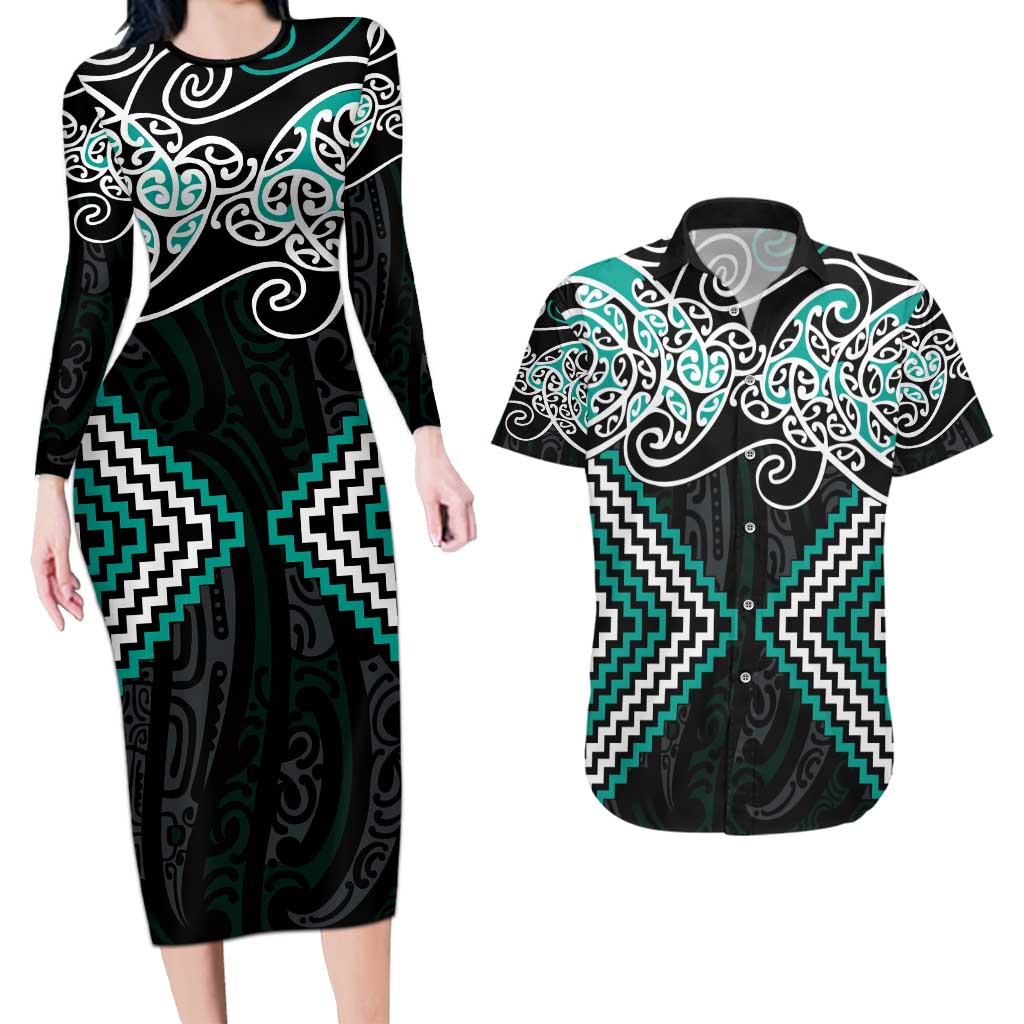 Turquoise Aotearoa Tukutuku Manawa Tapu Couples Matching Long Sleeve Bodycon Dress and Hawaiian Shirt Ta Moko Toi Maori