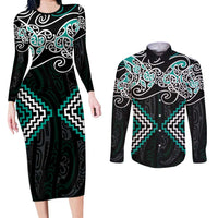 Turquoise Aotearoa Tukutuku Manawa Tapu Couples Matching Long Sleeve Bodycon Dress and Long Sleeve Button Shirt Ta Moko Toi Maori LT9 Turquoise - Polynesian Pride