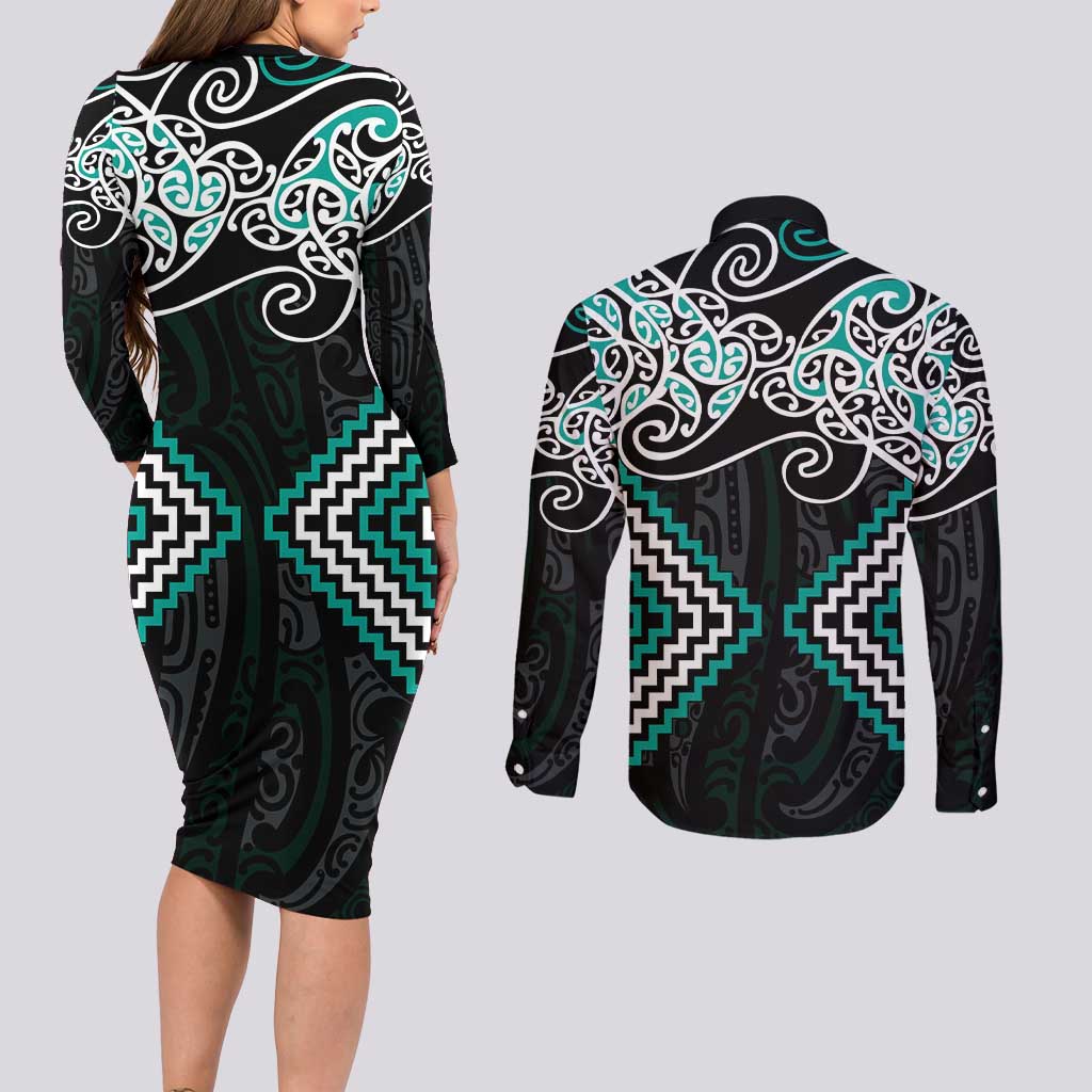Turquoise Aotearoa Tukutuku Manawa Tapu Couples Matching Long Sleeve Bodycon Dress and Long Sleeve Button Shirt Ta Moko Toi Maori LT9 - Polynesian Pride