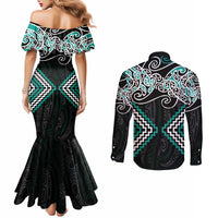 Turquoise Aotearoa Tukutuku Manawa Tapu Couples Matching Mermaid Dress and Long Sleeve Button Shirt Ta Moko Toi Maori LT9 - Polynesian Pride