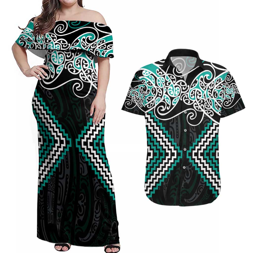 Turquoise Aotearoa Tukutuku Manawa Tapu Couples Matching Off Shoulder Maxi Dress and Hawaiian Shirt Ta Moko Toi Maori