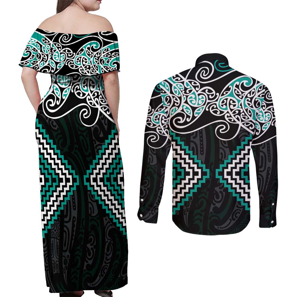 Turquoise Aotearoa Tukutuku Manawa Tapu Couples Matching Off Shoulder Maxi Dress and Long Sleeve Button Shirt Ta Moko Toi Maori LT9 - Polynesian Pride