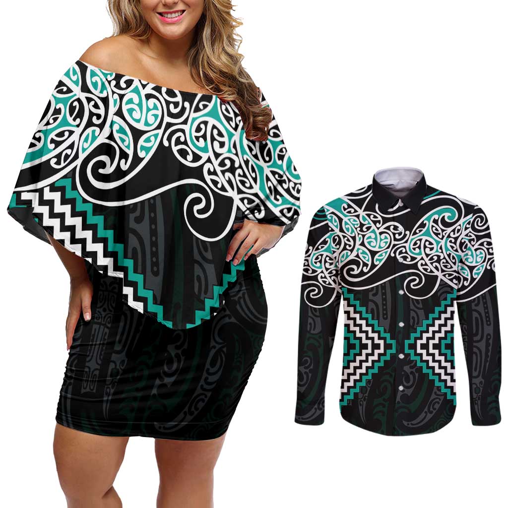 Turquoise Aotearoa Tukutuku Manawa Tapu Couples Matching Off Shoulder Short Dress and Long Sleeve Button Shirt Ta Moko Toi Maori