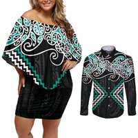 Turquoise Aotearoa Tukutuku Manawa Tapu Couples Matching Off Shoulder Short Dress and Long Sleeve Button Shirt Ta Moko Toi Maori LT9 Turquoise - Polynesian Pride