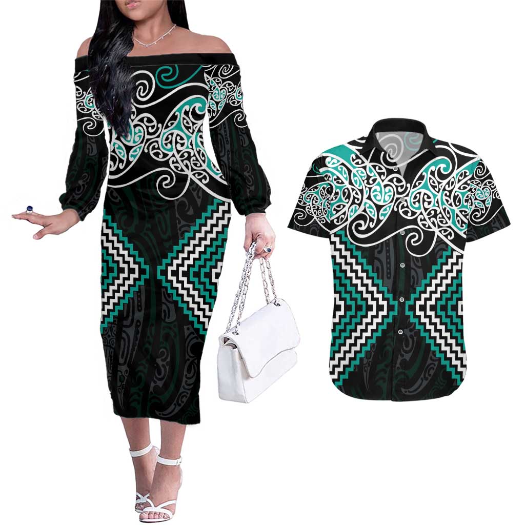 Turquoise Aotearoa Tukutuku Manawa Tapu Couples Matching Off The Shoulder Long Sleeve Dress and Hawaiian Shirt Ta Moko Toi Maori