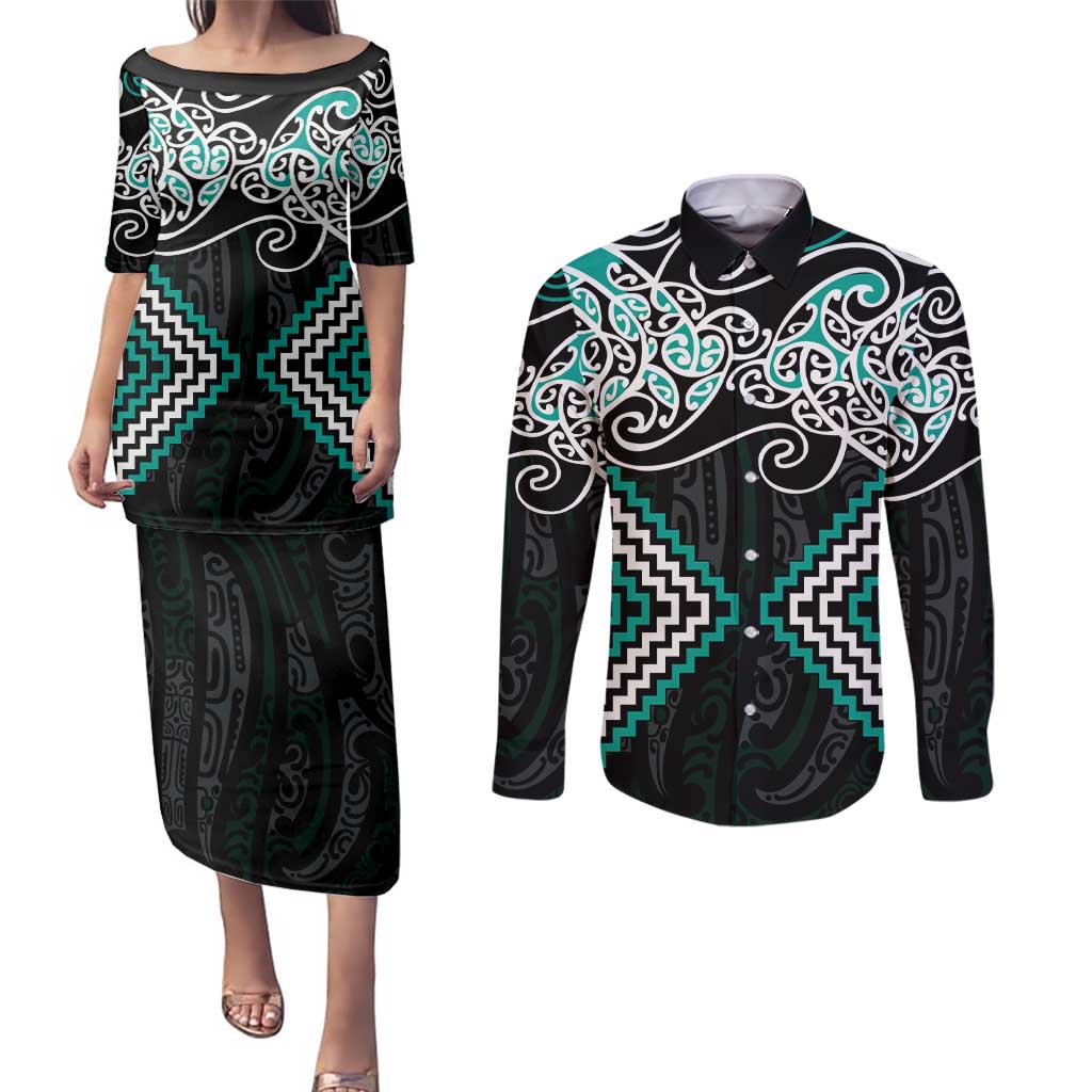 Turquoise Aotearoa Tukutuku Manawa Tapu Couples Matching Puletasi and Long Sleeve Button Shirt Ta Moko Toi Maori