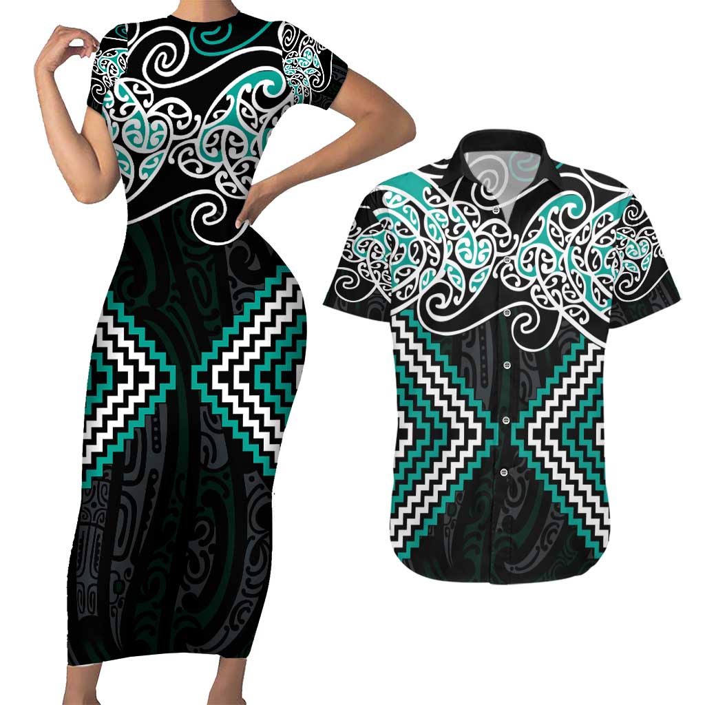 Turquoise Aotearoa Tukutuku Manawa Tapu Couples Matching Short Sleeve Bodycon Dress and Hawaiian Shirt Ta Moko Toi Maori