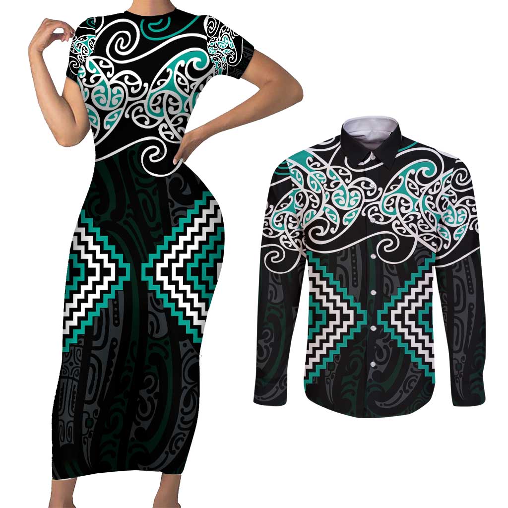 Turquoise Aotearoa Tukutuku Manawa Tapu Couples Matching Short Sleeve Bodycon Dress and Long Sleeve Button Shirt Ta Moko Toi Maori