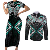 Turquoise Aotearoa Tukutuku Manawa Tapu Couples Matching Short Sleeve Bodycon Dress and Long Sleeve Button Shirt Ta Moko Toi Maori LT9 Turquoise - Polynesian Pride