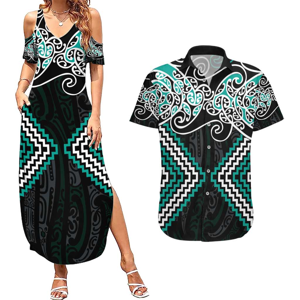 Turquoise Aotearoa Tukutuku Manawa Tapu Couples Matching Summer Maxi Dress and Hawaiian Shirt Ta Moko Toi Maori