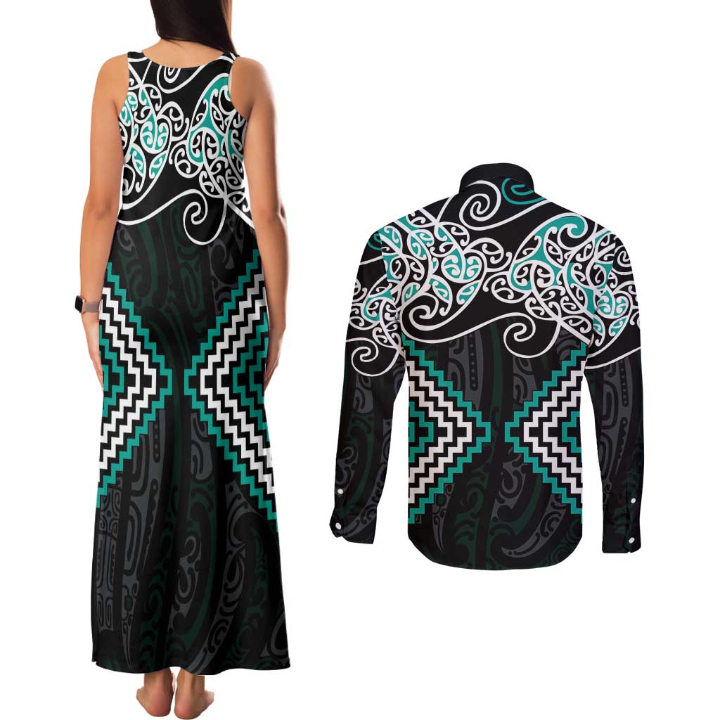 Turquoise Aotearoa Tukutuku Manawa Tapu Couples Matching Tank Maxi Dress and Long Sleeve Button Shirt Ta Moko Toi Maori LT9 - Polynesian Pride