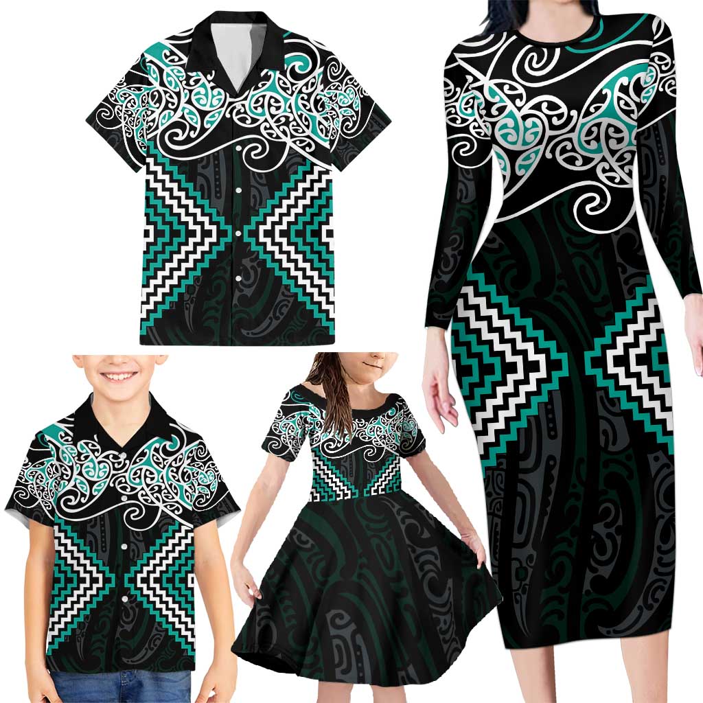 Turquoise Aotearoa Tukutuku Manawa Tapu Family Matching Long Sleeve Bodycon Dress and Hawaiian Shirt Ta Moko Toi Maori