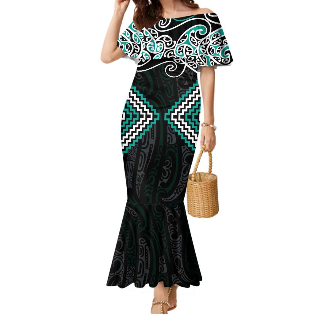 Turquoise Aotearoa Tukutuku Manawa Tapu Family Matching Mermaid Dress and Hawaiian Shirt Ta Moko Toi Maori