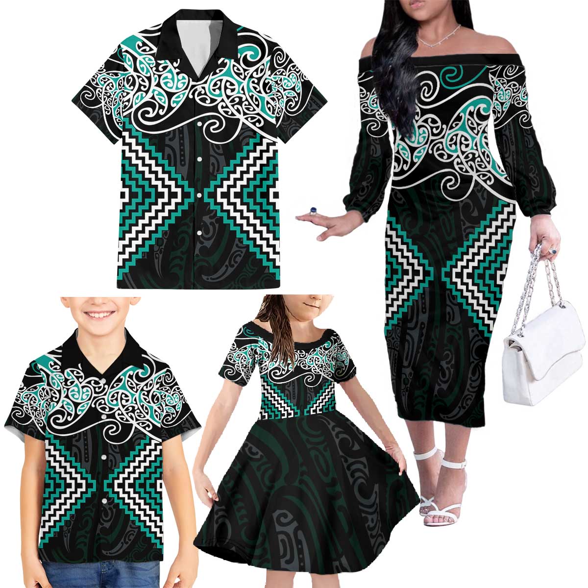 Turquoise Aotearoa Tukutuku Manawa Tapu Family Matching Off The Shoulder Long Sleeve Dress and Hawaiian Shirt Ta Moko Toi Maori