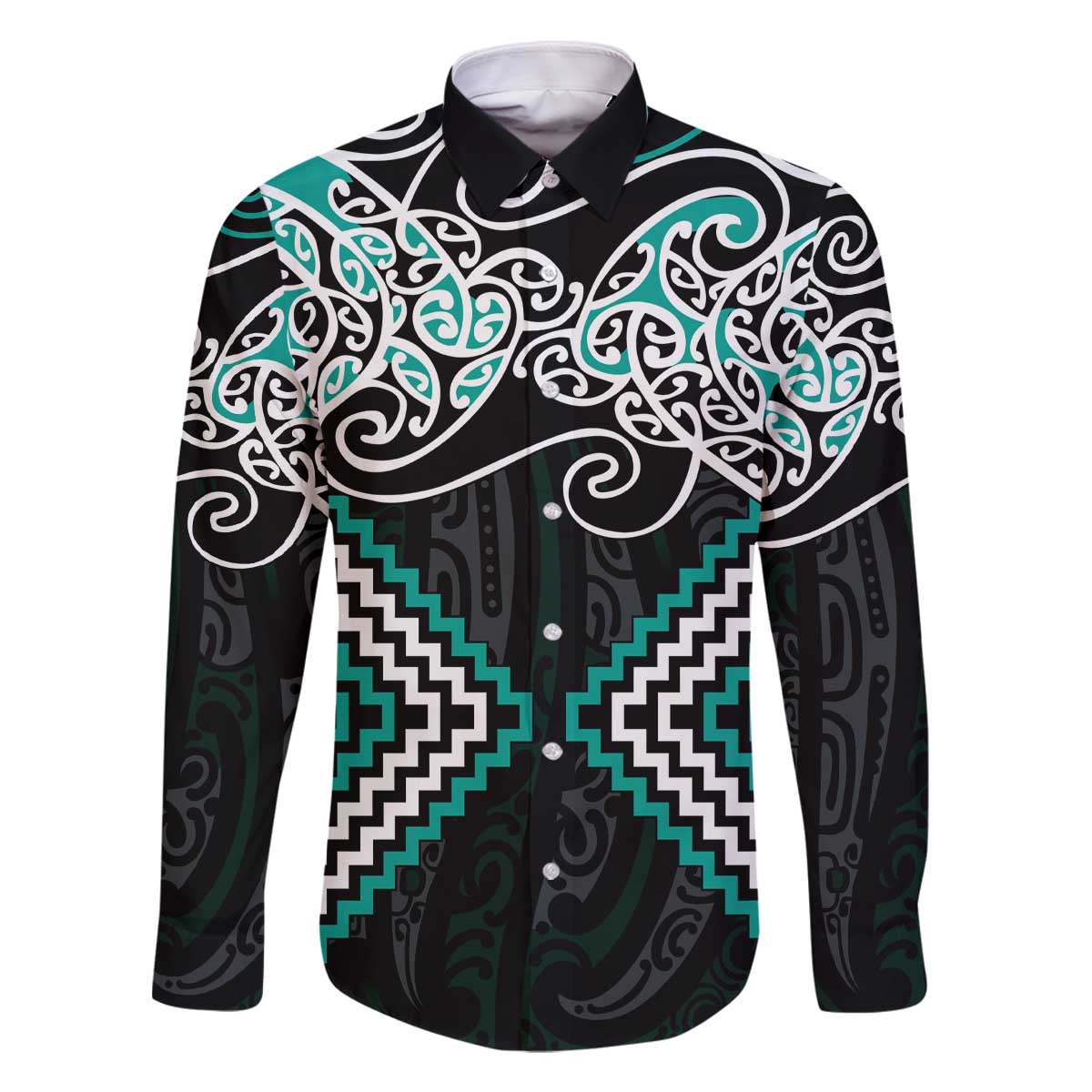 Turquoise Aotearoa Tukutuku Manawa Tapu Family Matching Off The Shoulder Long Sleeve Dress and Hawaiian Shirt Ta Moko Toi Maori