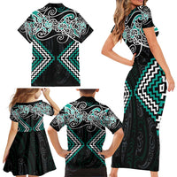 Turquoise Aotearoa Tukutuku Manawa Tapu Family Matching Short Sleeve Bodycon Dress and Hawaiian Shirt Ta Moko Toi Maori