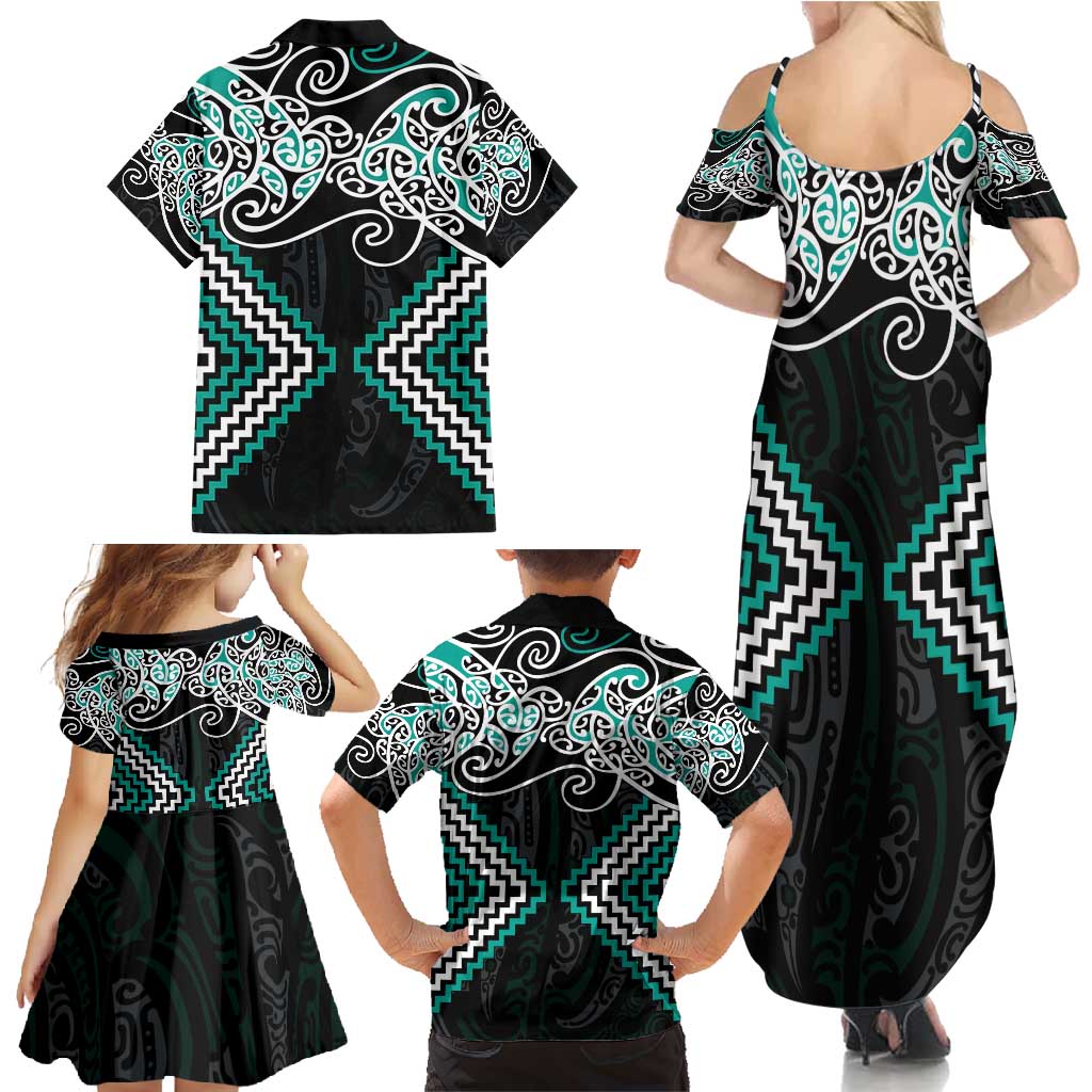 Turquoise Aotearoa Tukutuku Manawa Tapu Family Matching Summer Maxi Dress and Hawaiian Shirt Ta Moko Toi Maori
