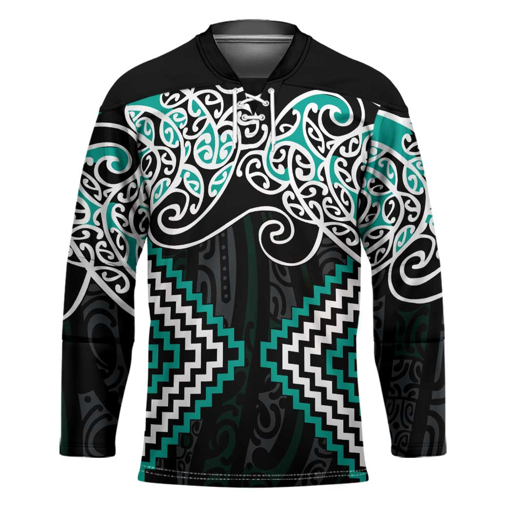 Turquoise Aotearoa Tukutuku Manawa Tapu Hockey Jersey Ta Moko Toi Maori - Polynesian Pride