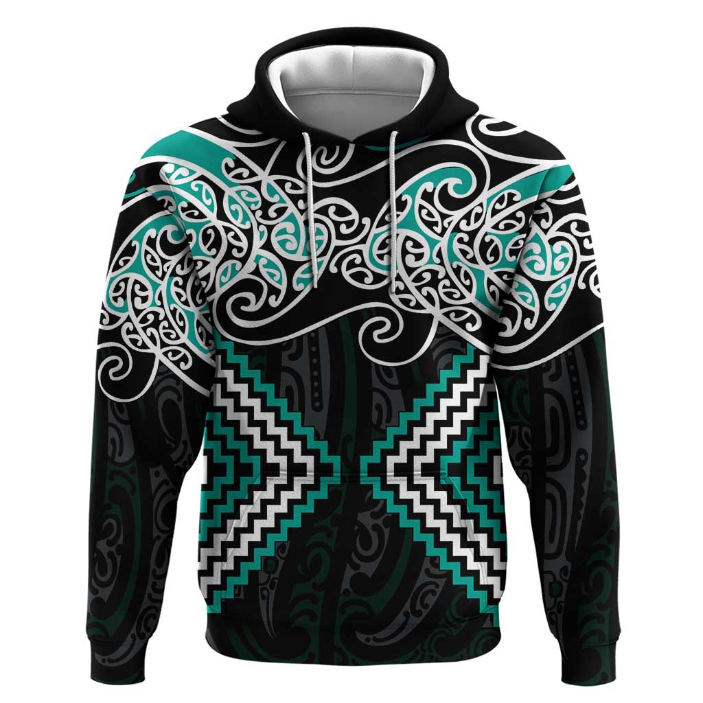 Turquoise Aotearoa Tukutuku Manawa Tapu Hoodie Ta Moko Toi Maori