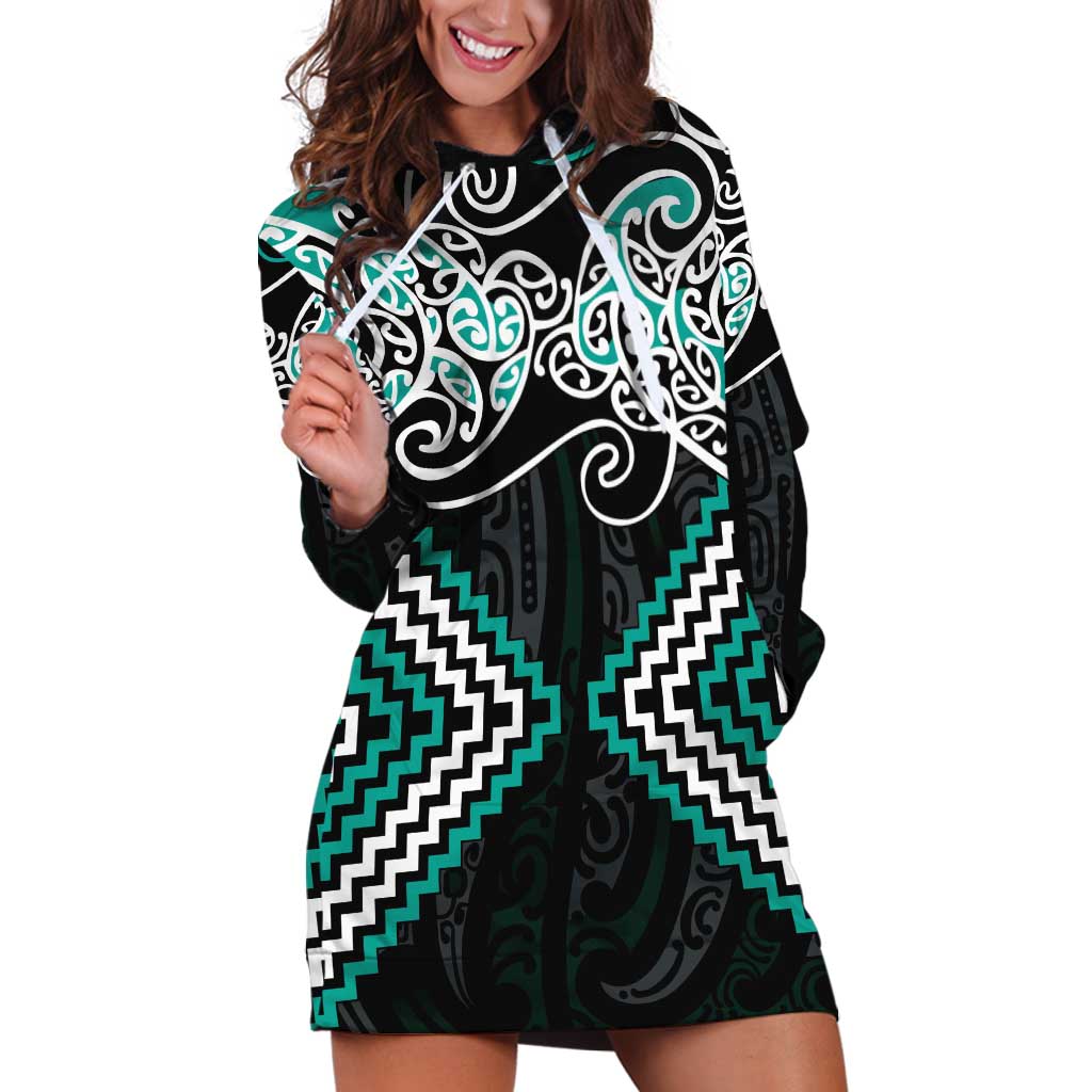 Turquoise Aotearoa Tukutuku Manawa Tapu Hoodie Dress Ta Moko Toi Maori