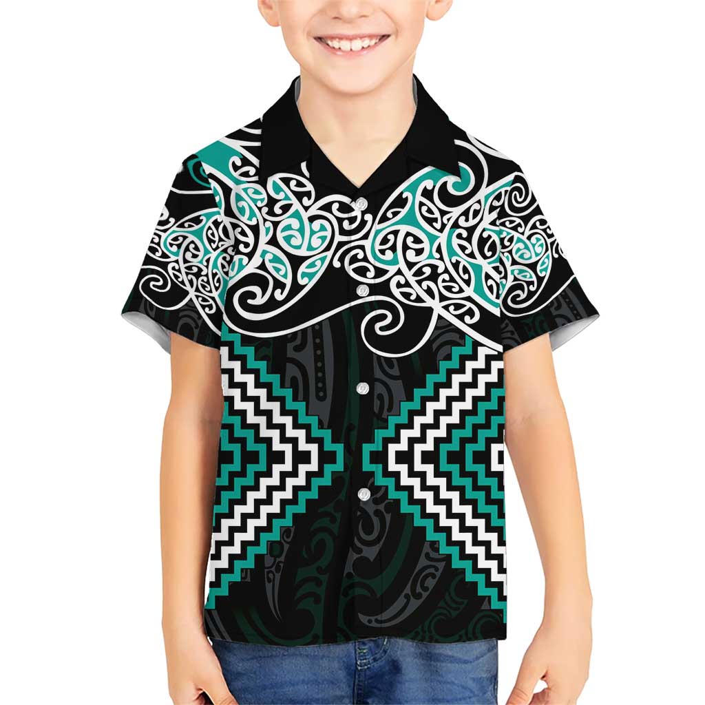 Turquoise Aotearoa Tukutuku Manawa Tapu Kid Hawaiian Shirt Ta Moko Toi Maori