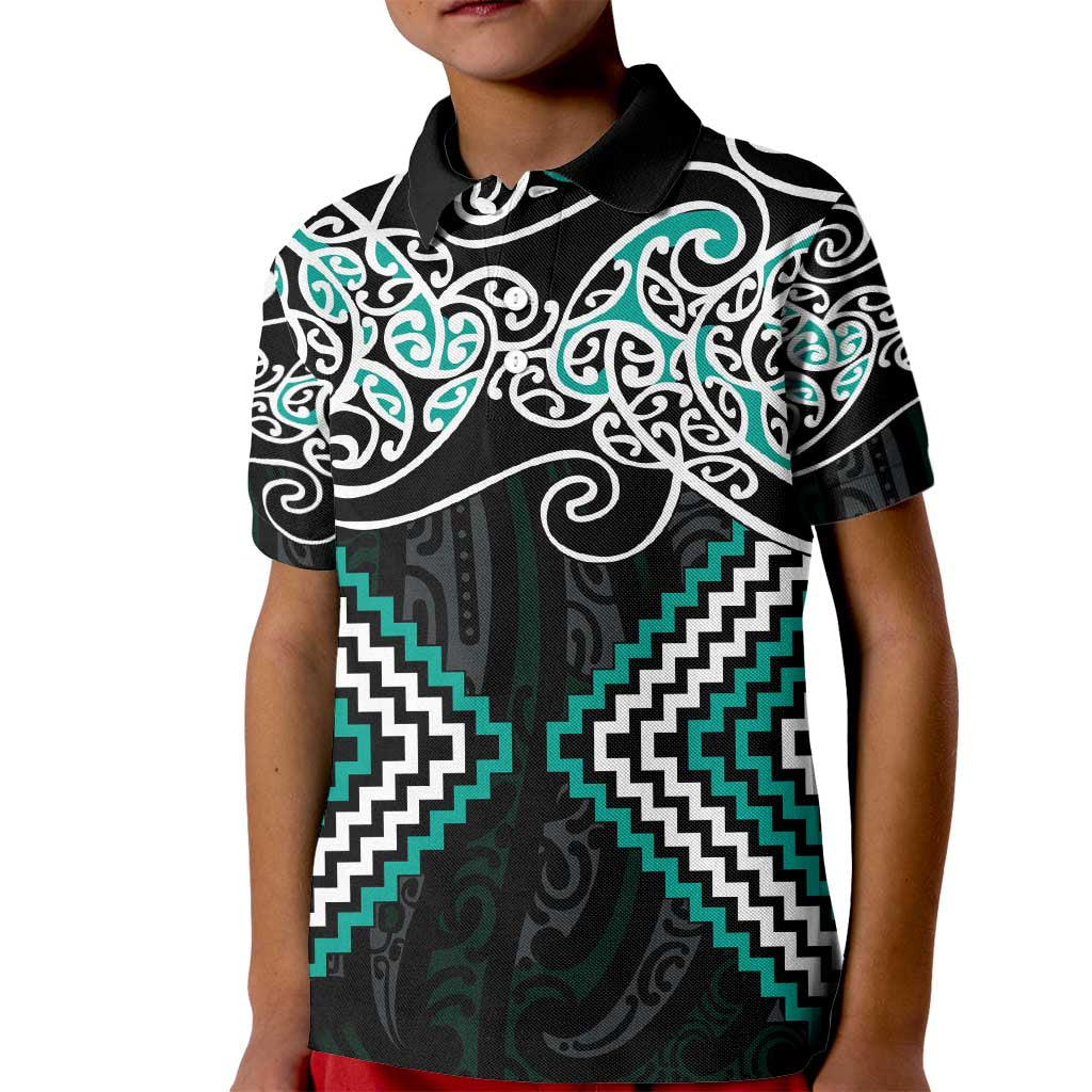 Turquoise Aotearoa Tukutuku Manawa Tapu Kid Polo Shirt Ta Moko Toi Maori