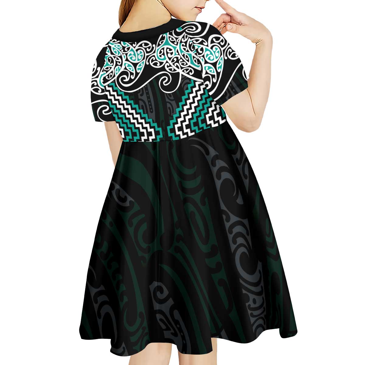 Turquoise Aotearoa Tukutuku Manawa Tapu Kid Short Sleeve Dress Ta Moko Toi Maori