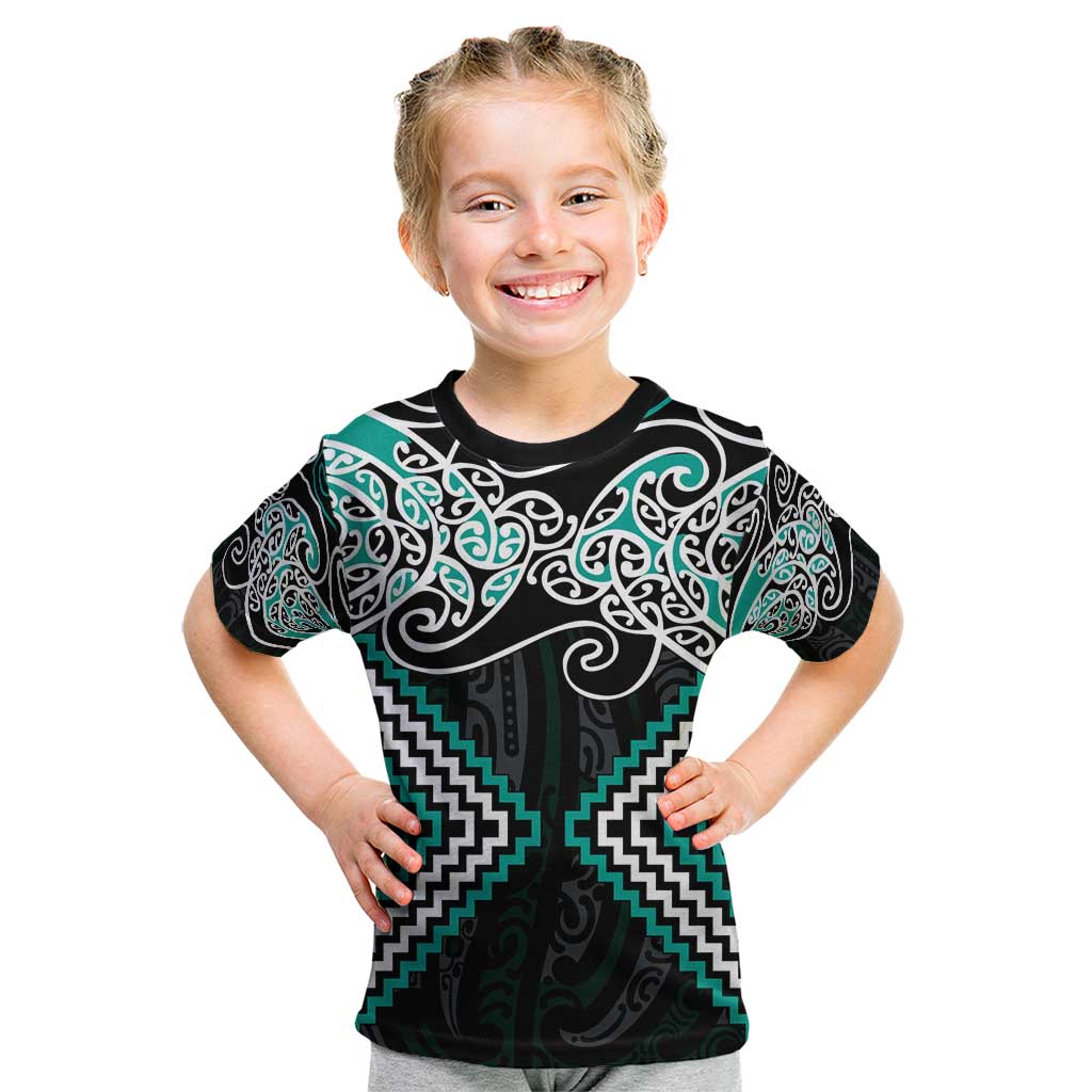 Turquoise Aotearoa Tukutuku Manawa Tapu Kid T Shirt Ta Moko Toi Maori