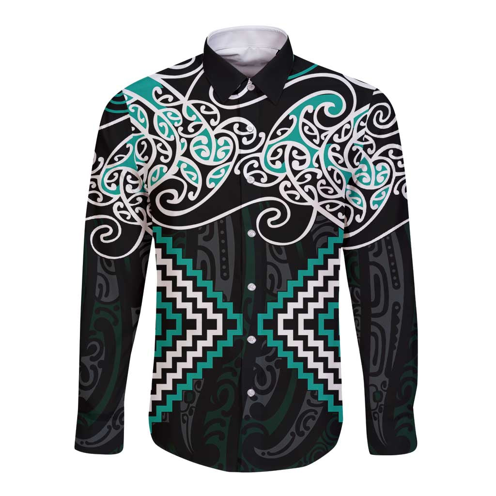 Turquoise Aotearoa Tukutuku Manawa Tapu Long Sleeve Button Shirt Ta Moko Toi Maori