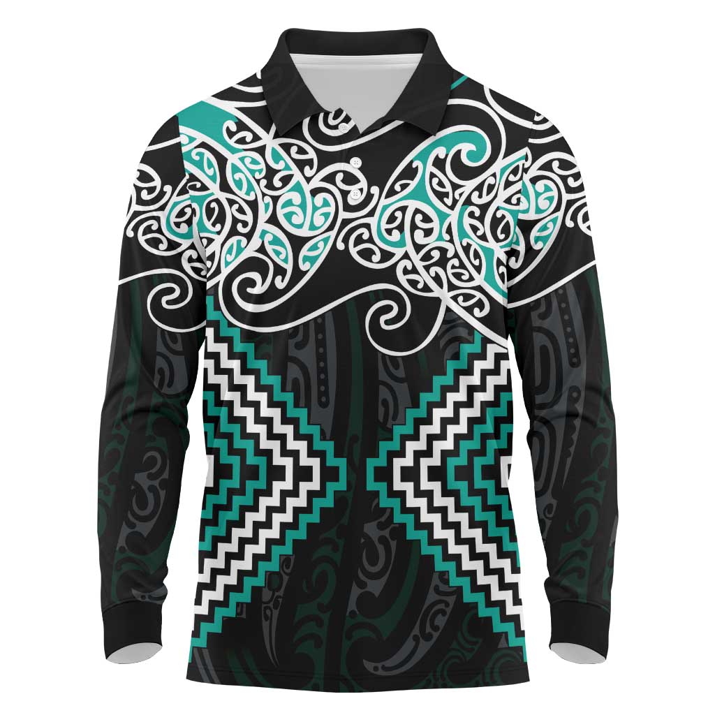 Turquoise Aotearoa Tukutuku Manawa Tapu Long Sleeve Polo Shirt Ta Moko Toi Maori