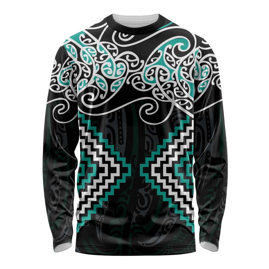 Turquoise Aotearoa Tukutuku Manawa Tapu Long Sleeve Shirt Ta Moko Toi Maori