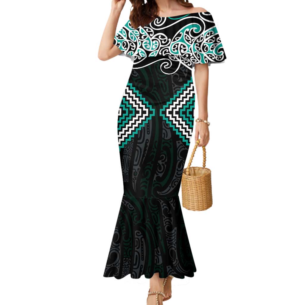 Turquoise Aotearoa Tukutuku Manawa Tapu Mermaid Dress Ta Moko Toi Maori