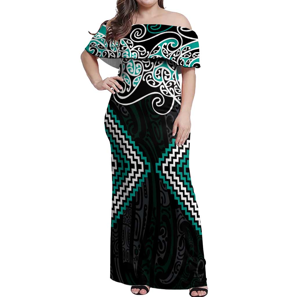 Turquoise Aotearoa Tukutuku Manawa Tapu Off Shoulder Maxi Dress Ta Moko Toi Maori