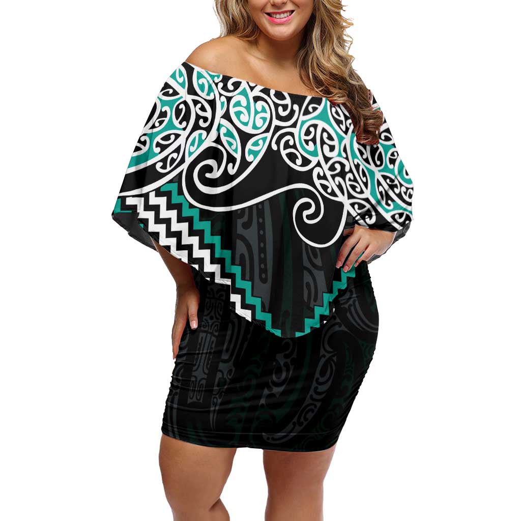 Turquoise Aotearoa Tukutuku Manawa Tapu Off Shoulder Short Dress Ta Moko Toi Maori