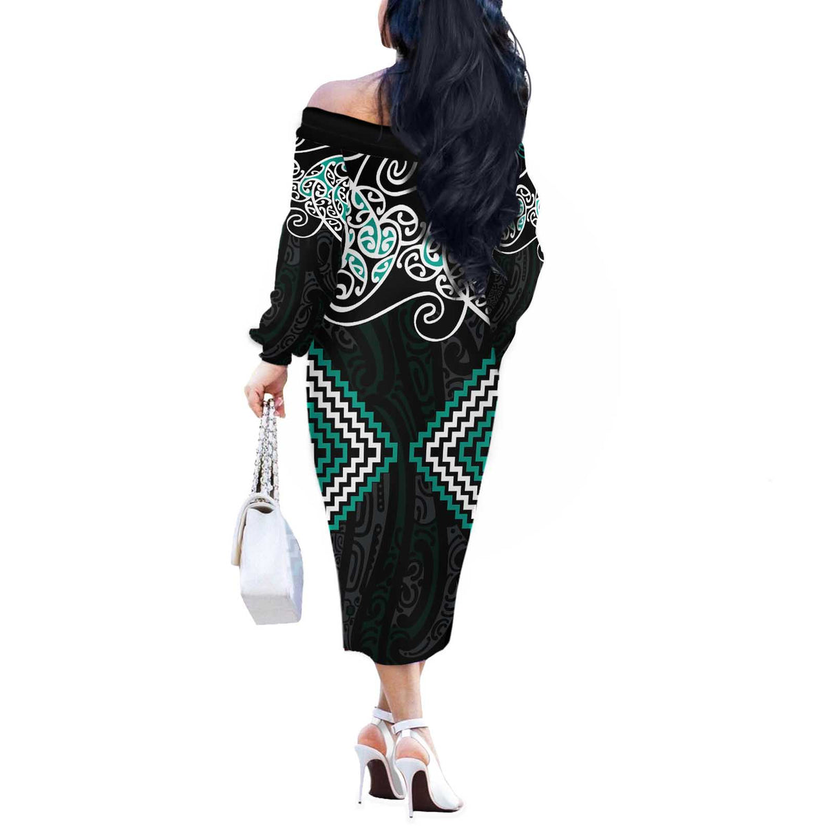 Turquoise Aotearoa Tukutuku Manawa Tapu Off The Shoulder Long Sleeve Dress Ta Moko Toi Maori LT9 - Polynesian Pride