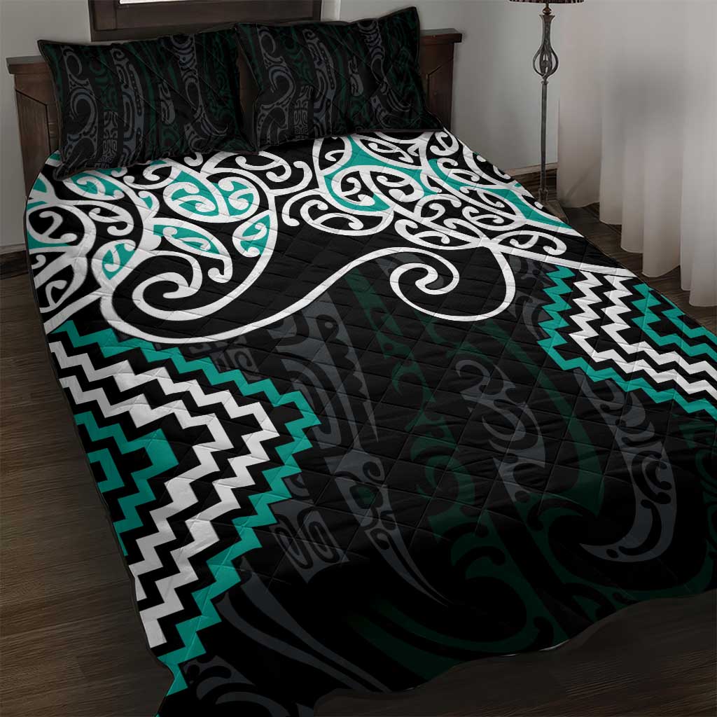 Turquoise Aotearoa Tukutuku Manawa Tapu Quilt Bed Set Ta Moko Toi Maori