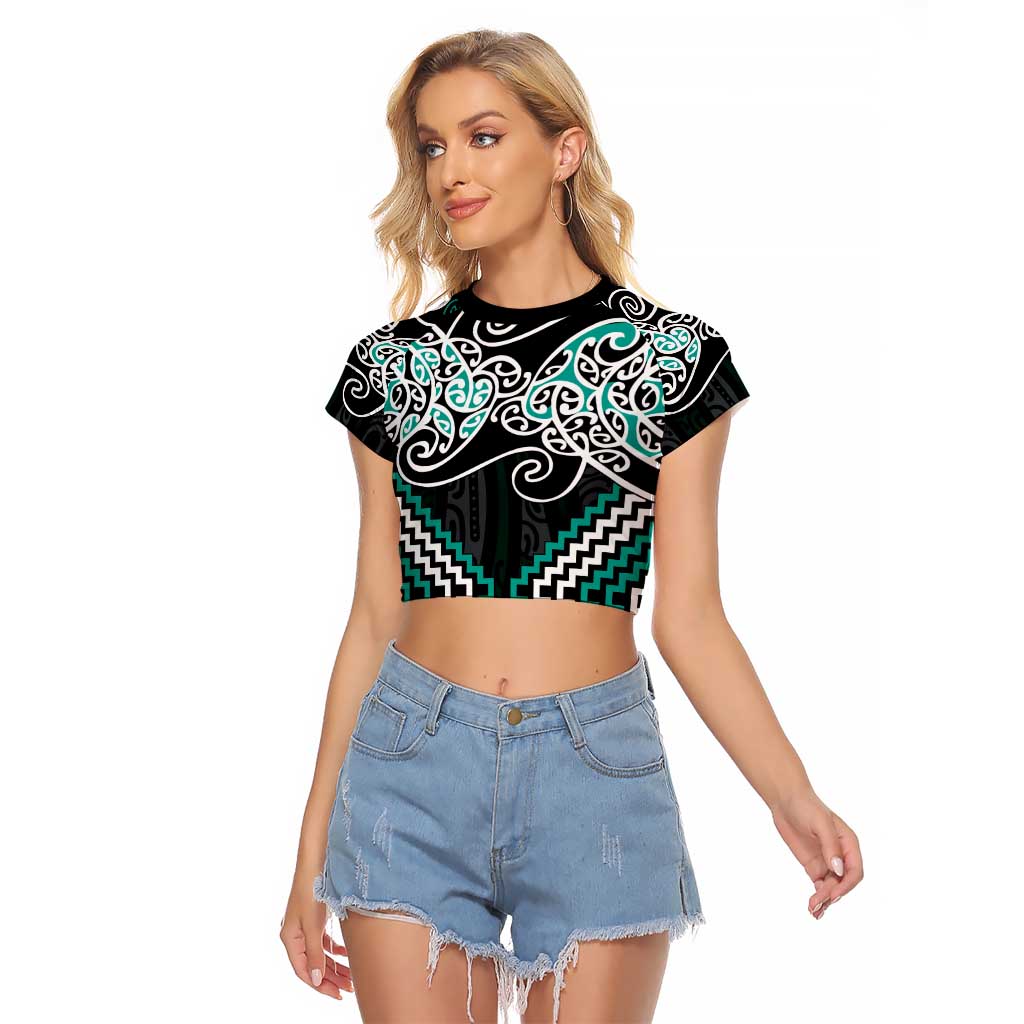 Turquoise Aotearoa Tukutuku Manawa Tapu Raglan Cropped T Shirt Ta Moko Toi Maori