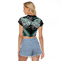 Turquoise Aotearoa Tukutuku Manawa Tapu Raglan Cropped T Shirt Ta Moko Toi Maori