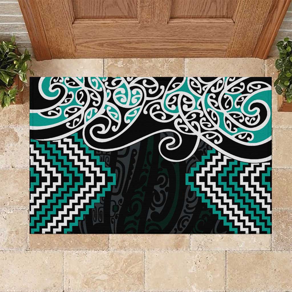 Turquoise Aotearoa Tukutuku Manawa Tapu Rubber Doormat Ta Moko Toi Maori