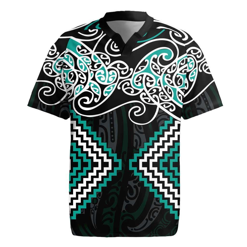 Turquoise Aotearoa Tukutuku Manawa Tapu Rugby Jersey Ta Moko Toi Maori