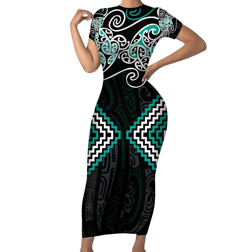 Turquoise Aotearoa Tukutuku Manawa Tapu Short Sleeve Bodycon Dress Ta Moko Toi Maori