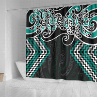 Turquoise Aotearoa Tukutuku Manawa Tapu Shower Curtain Ta Moko Toi Maori